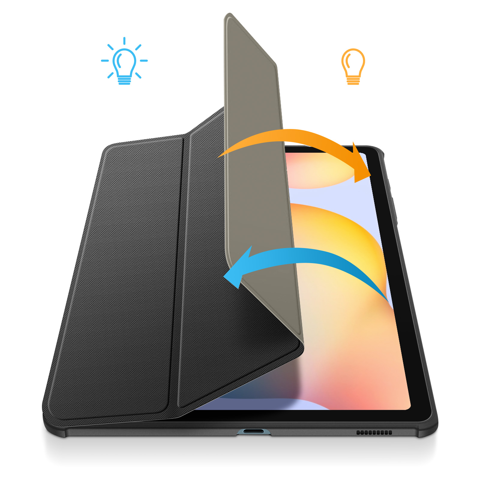 Tablet con custodia. La custodia si apre. Mostra icone di lampadine. Base nera.