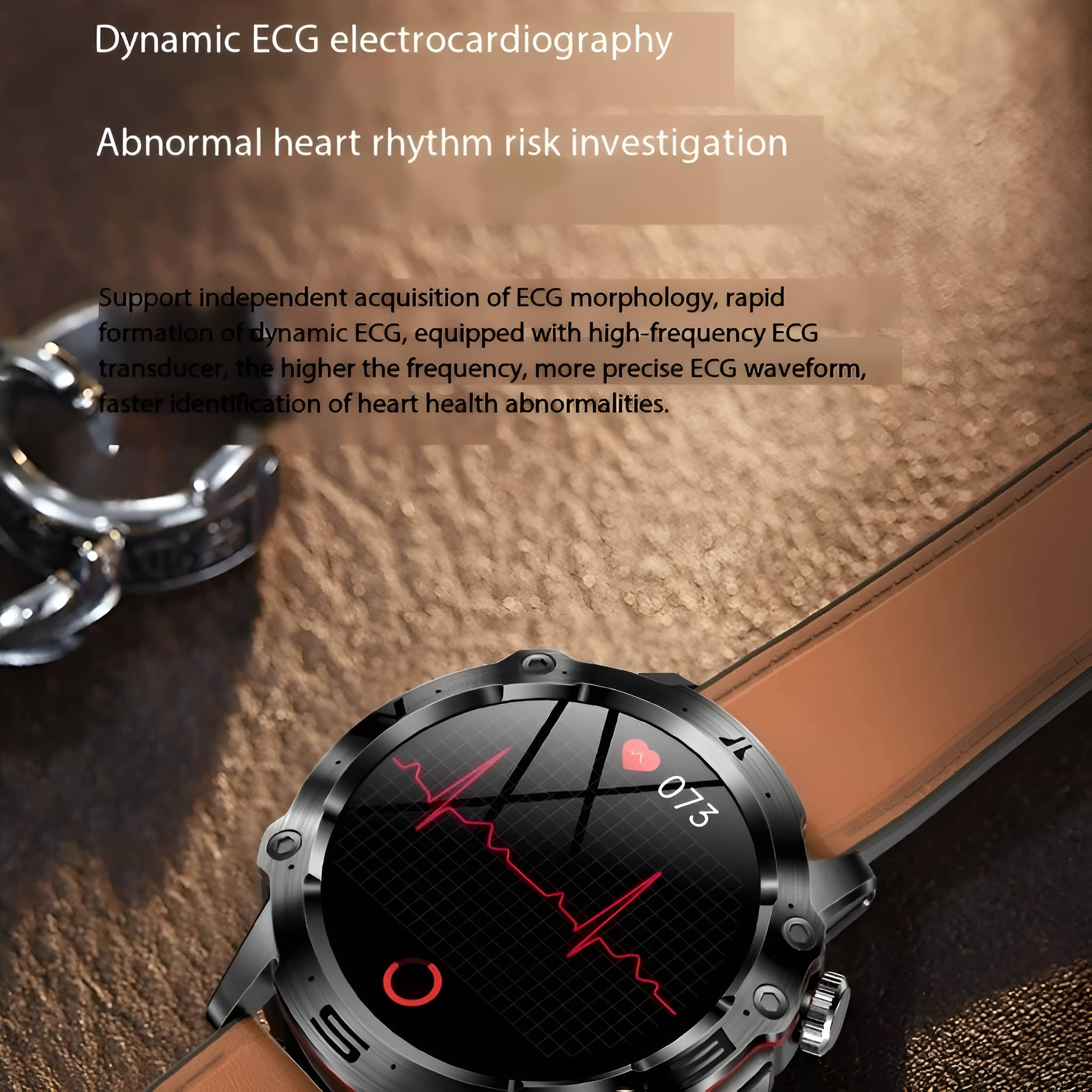 Eine Smartwatch zeigt ein rotes Herzfrequenzdiagramm. Die Uhr ist braun mit schwarzem Zifferblatt und Lederarmband.