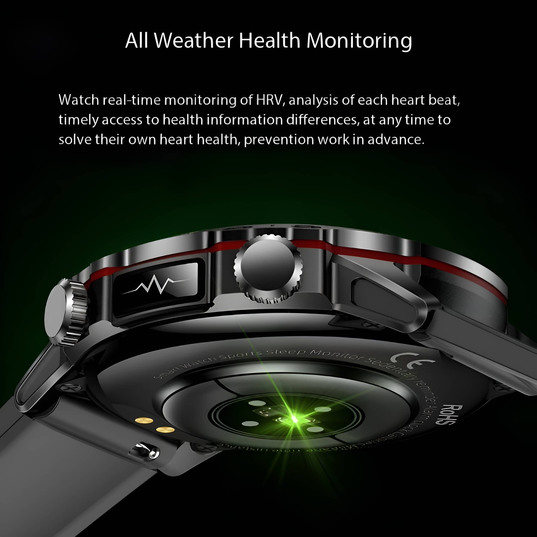 Nahaufnahme einer Smartwatch mit Herzfrequenzsensor und Diagramm.