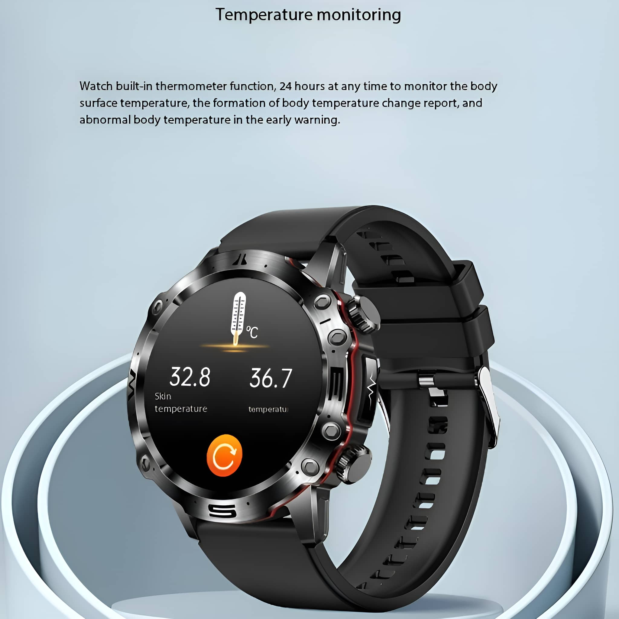 Eine schwarze Smartwatch, die die Hauttemperatur anzeigt, mit einem Thermometersymbol und Temperaturwerten.