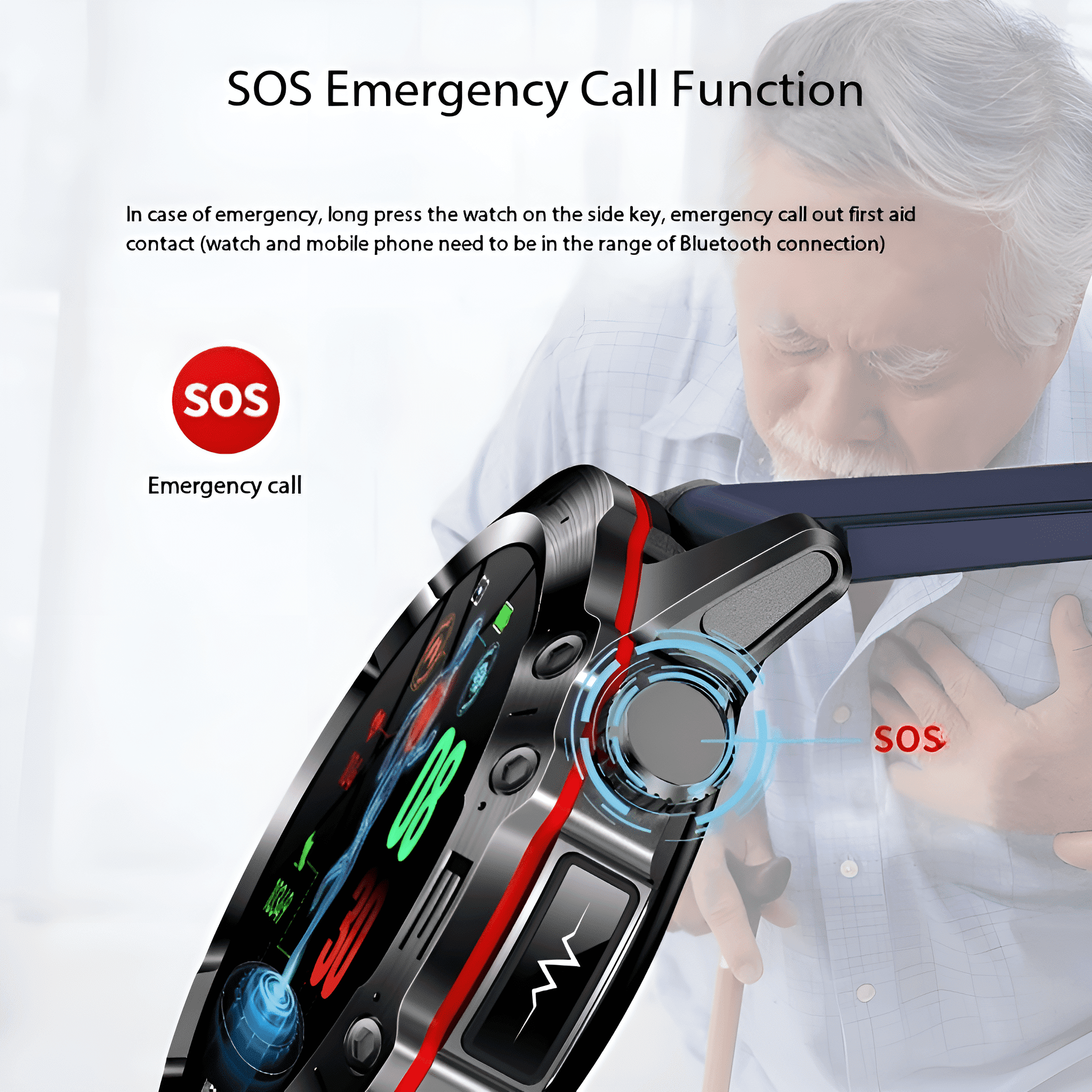 Nahaufnahme der Smartwatch, Notruffunktion. Älterer Mann im Hintergrund, Smartwatch mit SOS-Taste.