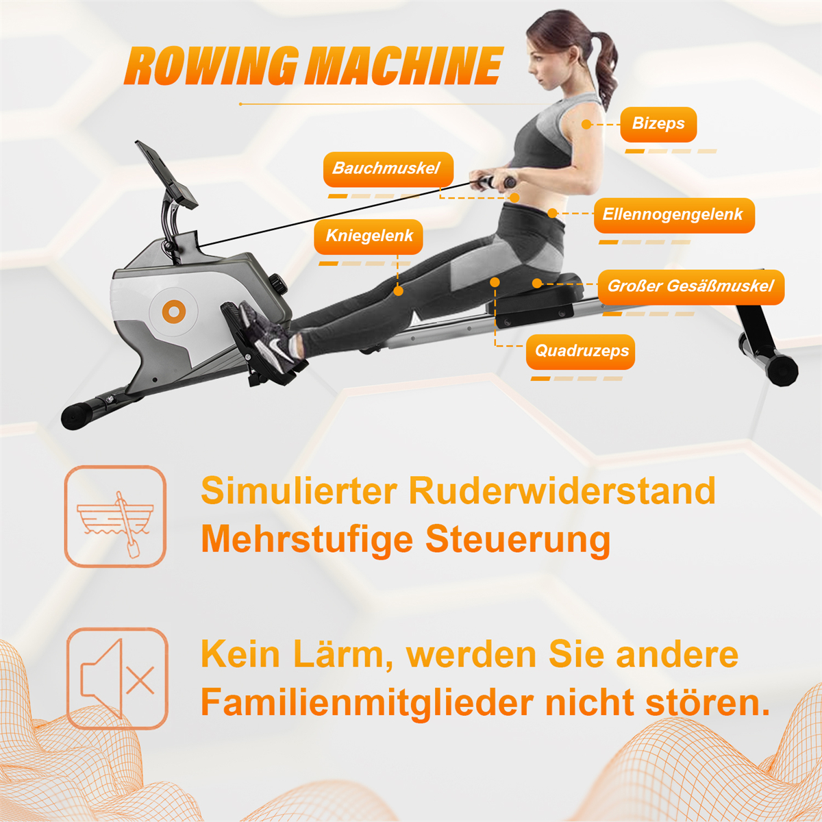Eine Frau auf einem Rudergerät. Diagramm zeigt Muskelgruppen. Text erwähnt 'Simulierter Ruderwiderstand'.