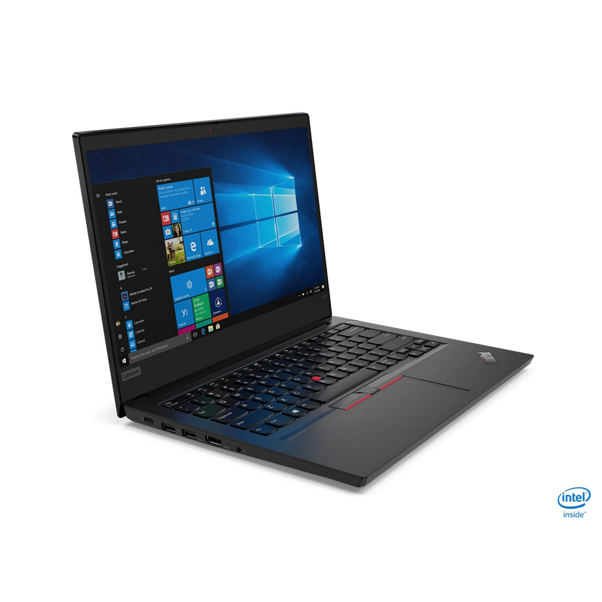 Laptop Lenovo nero aperto, mostra il desktop di Windows. Tastiera visibile, sfondo bianco.