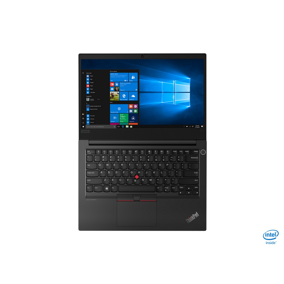 Un laptop ThinkPad nero. Il laptop è aperto, mostrando la tastiera e lo schermo.