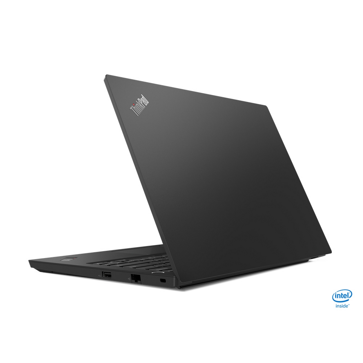 Un laptop nero è angolato con il coperchio chiuso. Il logo Thinkpad è visibile sopra.