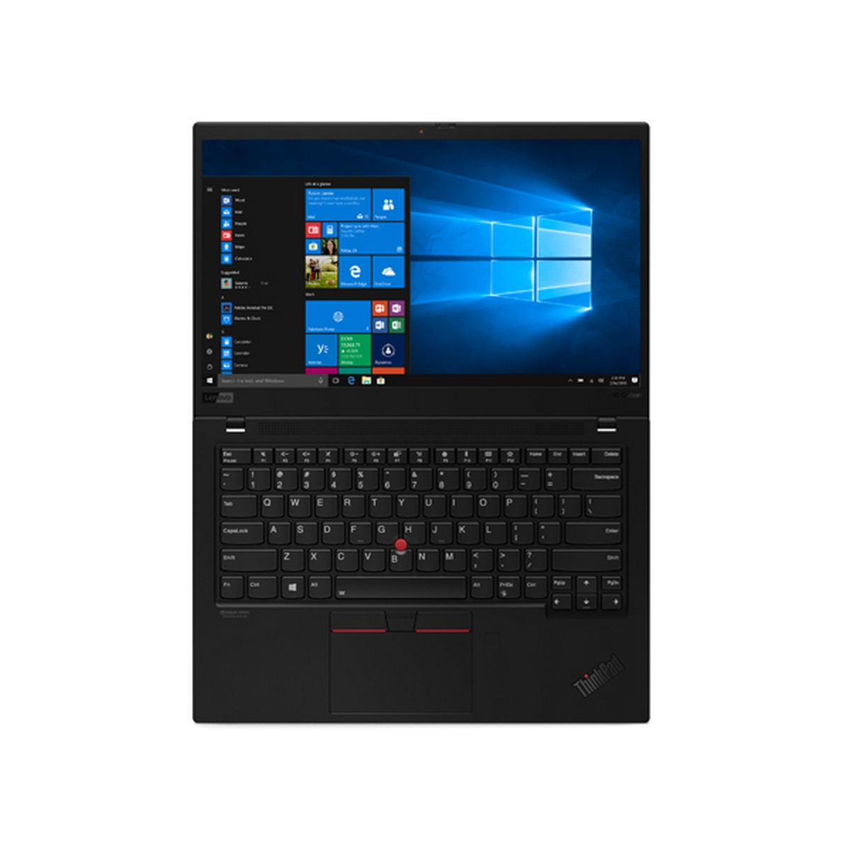 Un laptop ThinkPad nero aperto. La tastiera, il trackpad e lo schermo sono in vista.