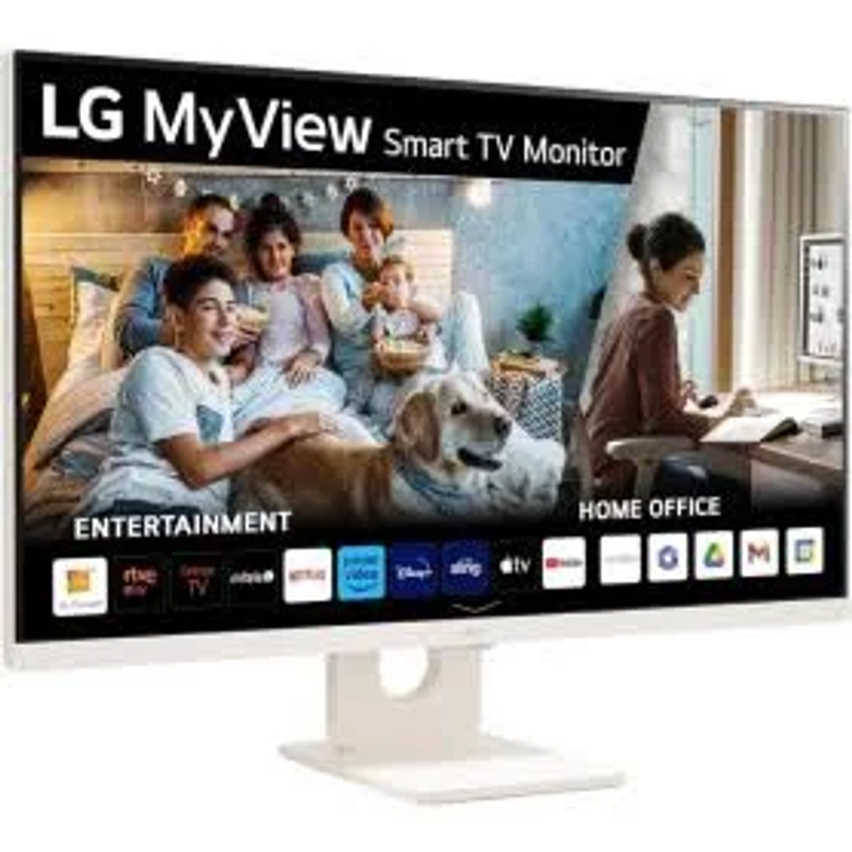 Monitor LG MyView Smart TV mostrando familia y uso de oficina en casa. Blanco.