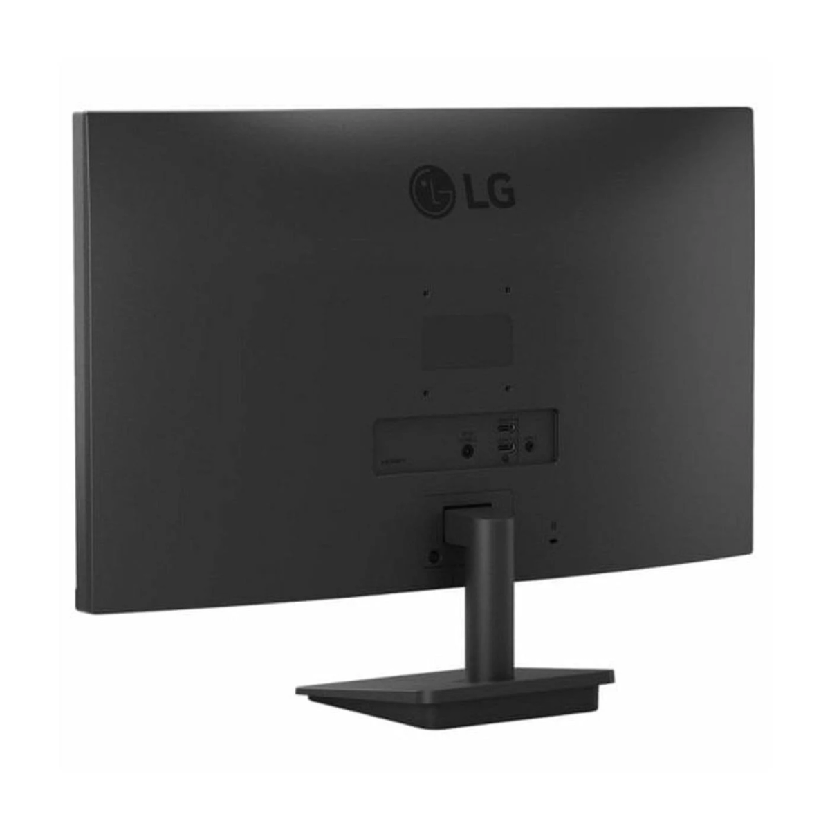 La parte trasera de un monitor de computadora negro con soporte y puertos.