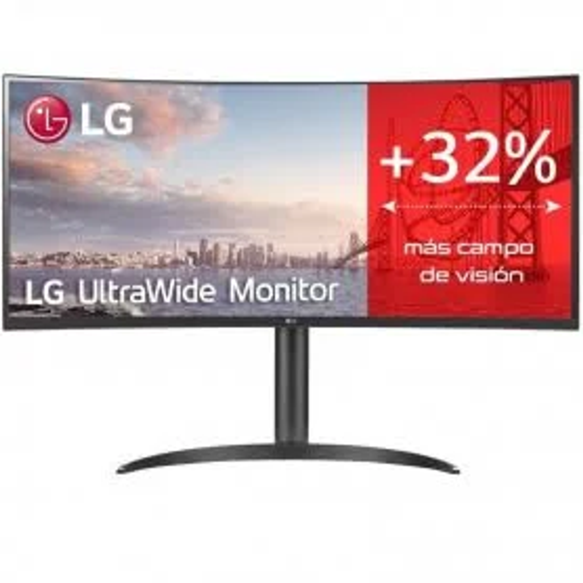 Un monitor LG UltraWide curvo que muestra una ciudad y un texto +32% en pantalla.