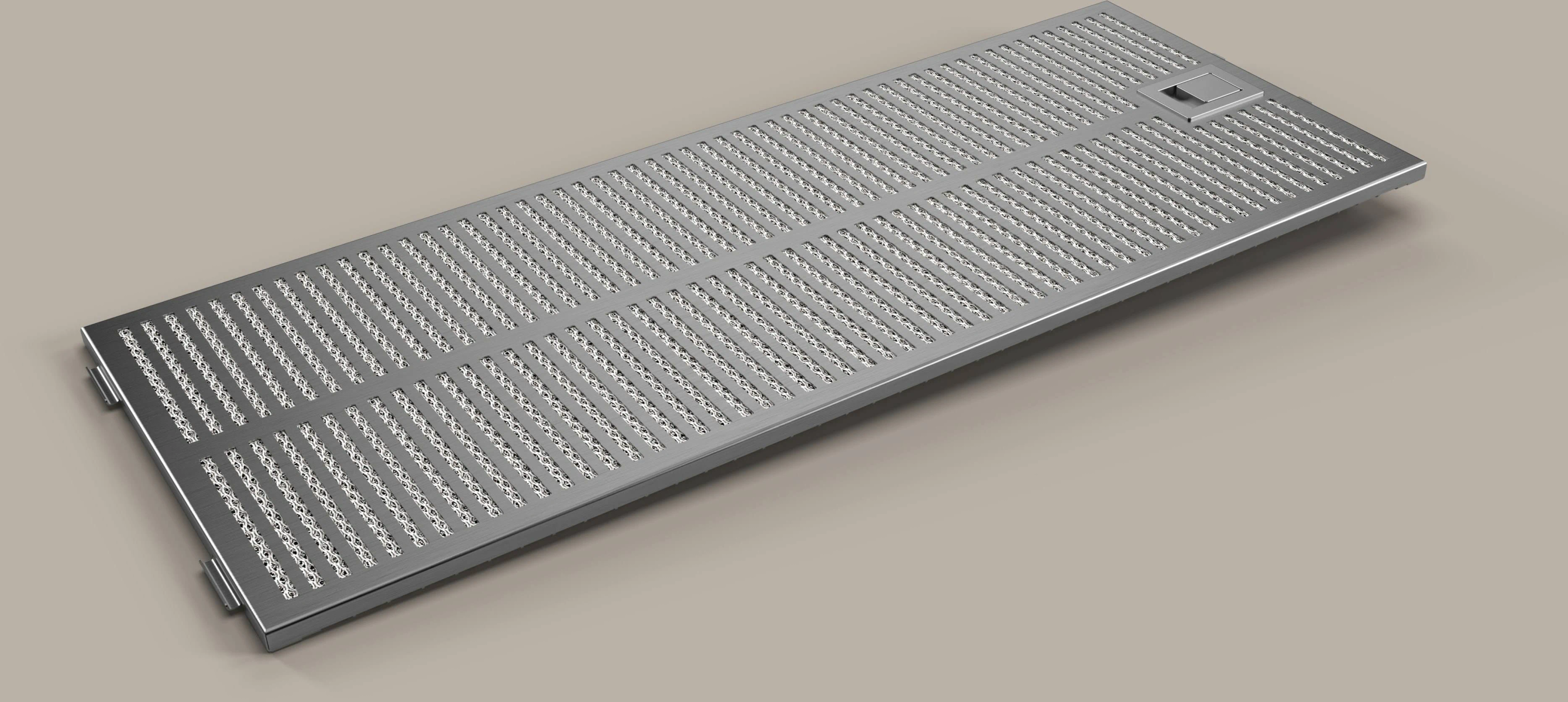 Filtro in acciaio inossidabile con un design perforato. Rettangolare con superficie leggermente angolata.