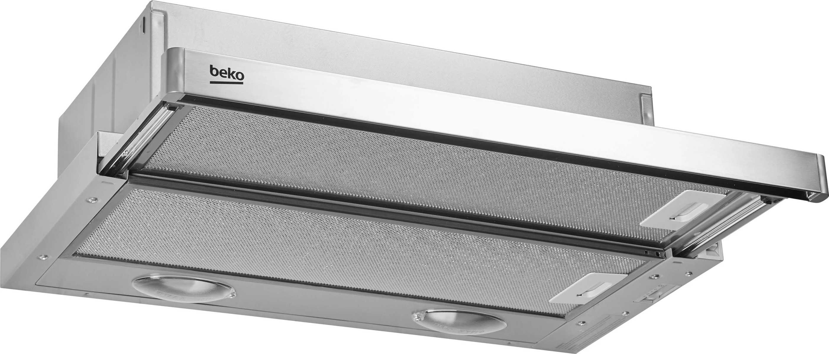 Eine Dunstabzugshaube aus Edelstahl mit Metallgitterfilter und zwei Lichtern. Das BeKo-Logo ist oben sichtbar.