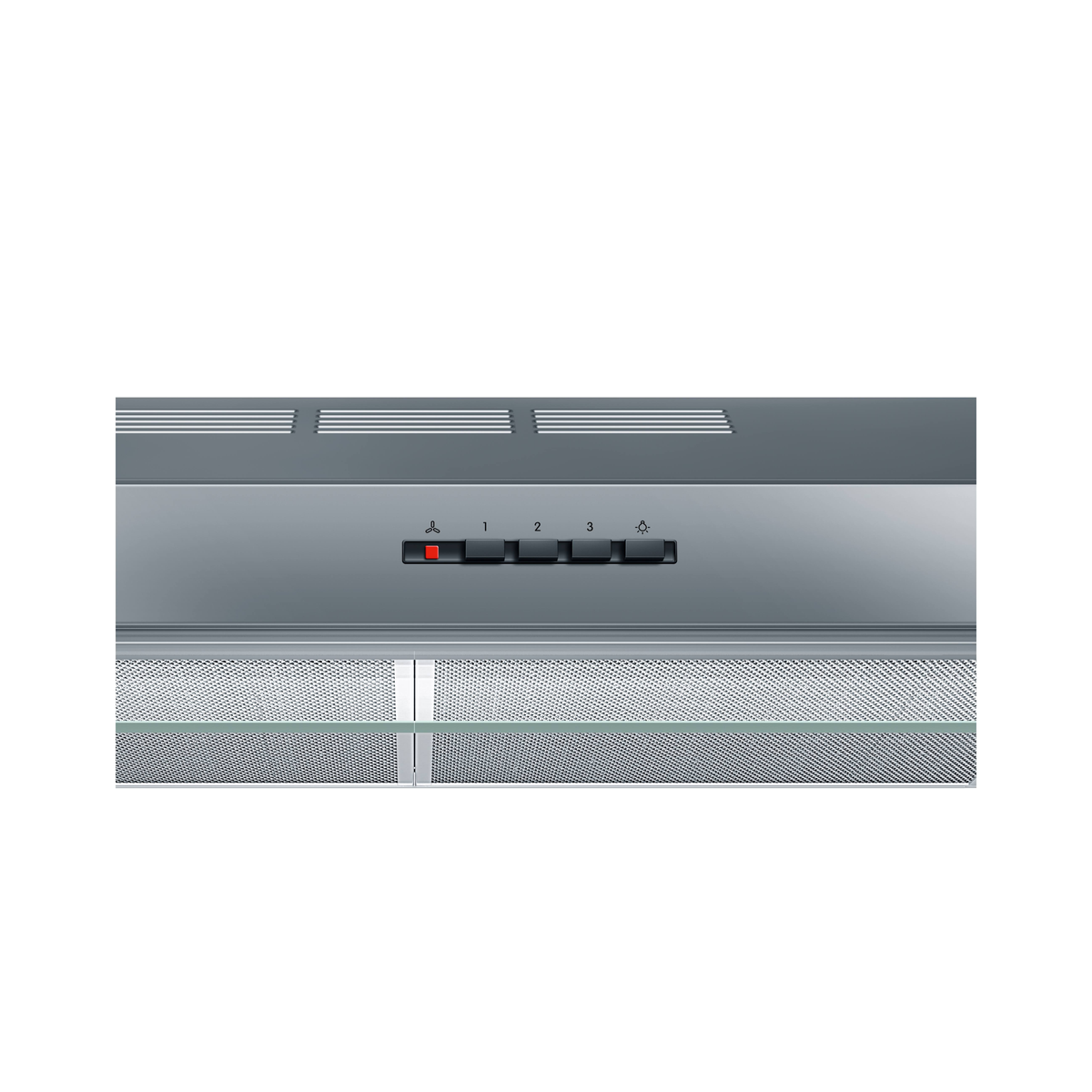 Zbliżenie panelu sterowania okapu z trzema przyciskami i kontrolką zasilania.