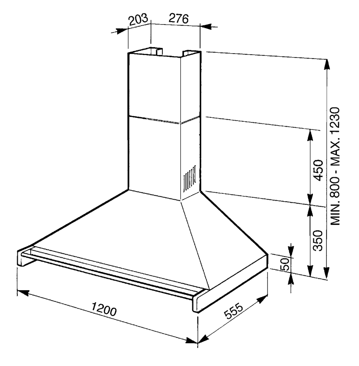 Dibujo técnico de una campana extractora con dimensiones indicadas.
