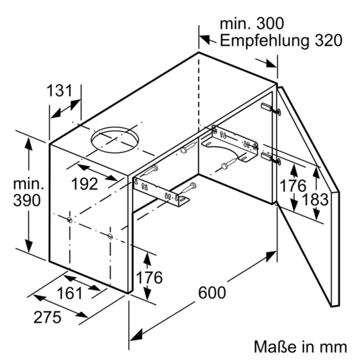 Technische Zeichnung eines Holzschranks mit Abmessungen und Maßen in mm.