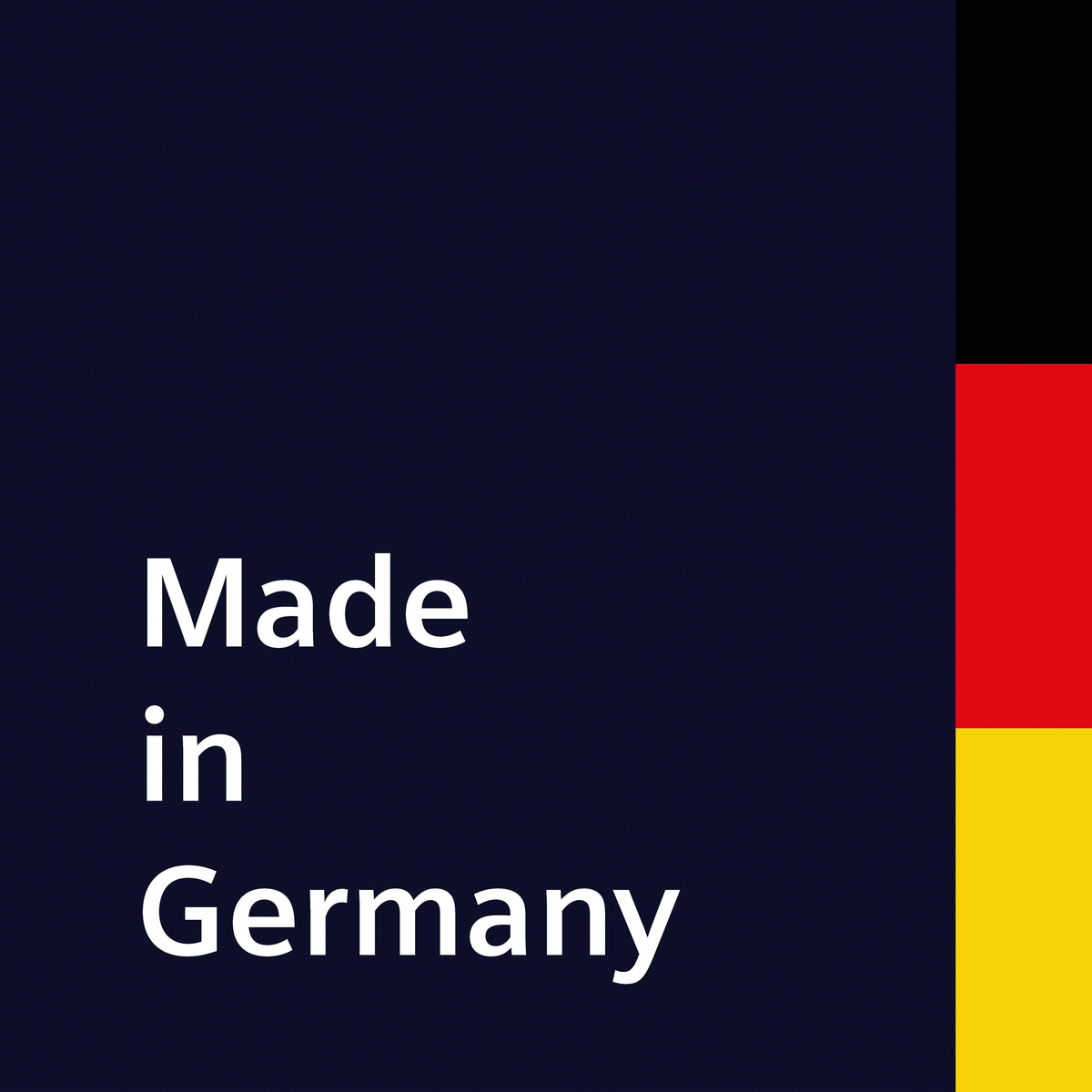 Ein dunkelblaues Quadrat mit „Made in Germany“ und der deutschen Flagge.