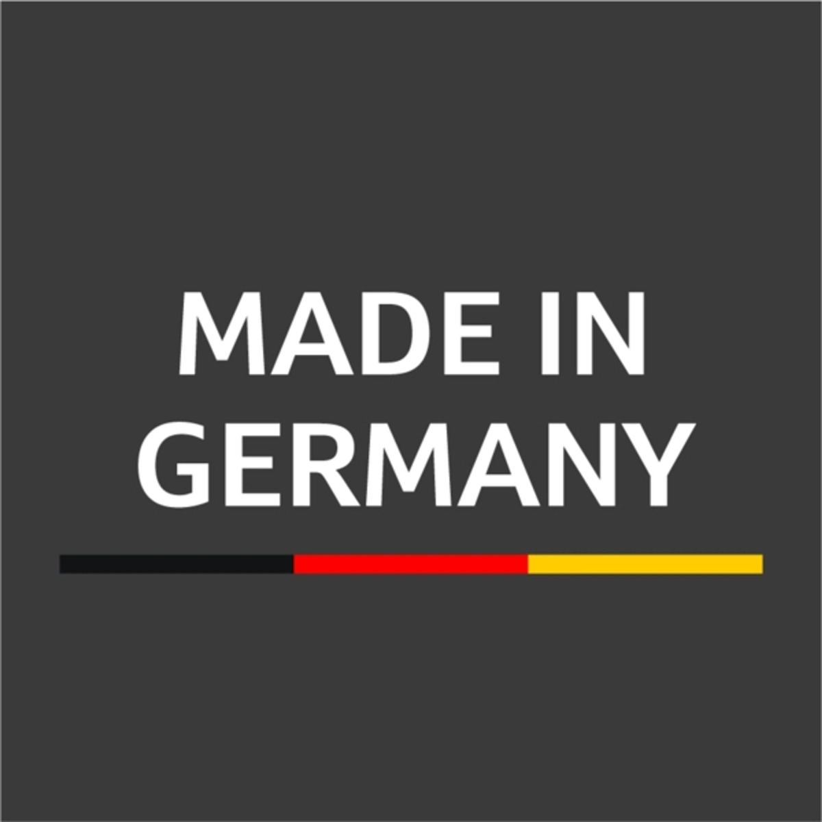 Made in Germany label, featuring the German flag colors on a dark gray background.