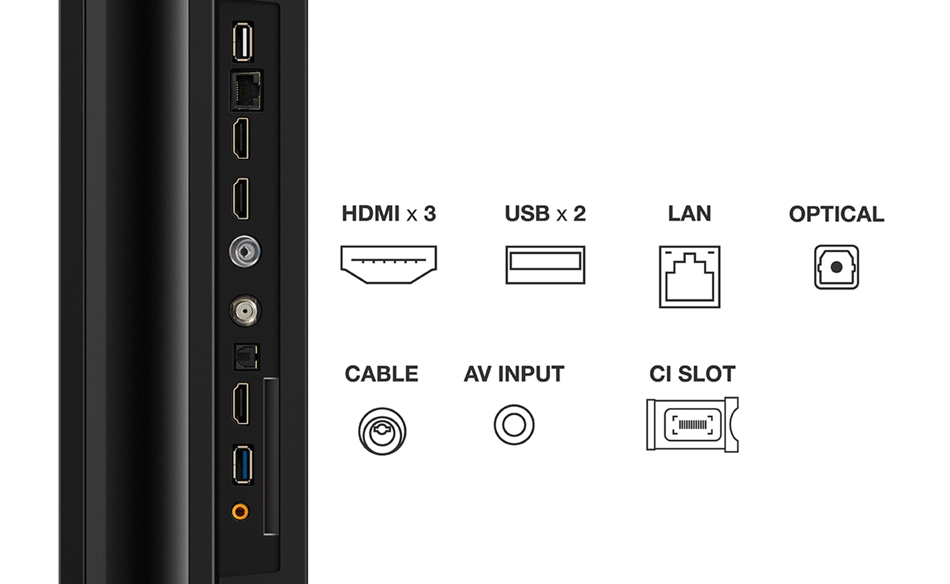 TV con puertos y etiquetas. HDMI, USB, LAN, Óptico, Cable, Entrada AV, Ranura CI.