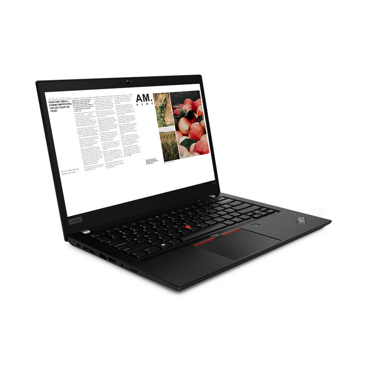 Laptop nero su sfondo bianco. Lo schermo mostra testo e immagini.