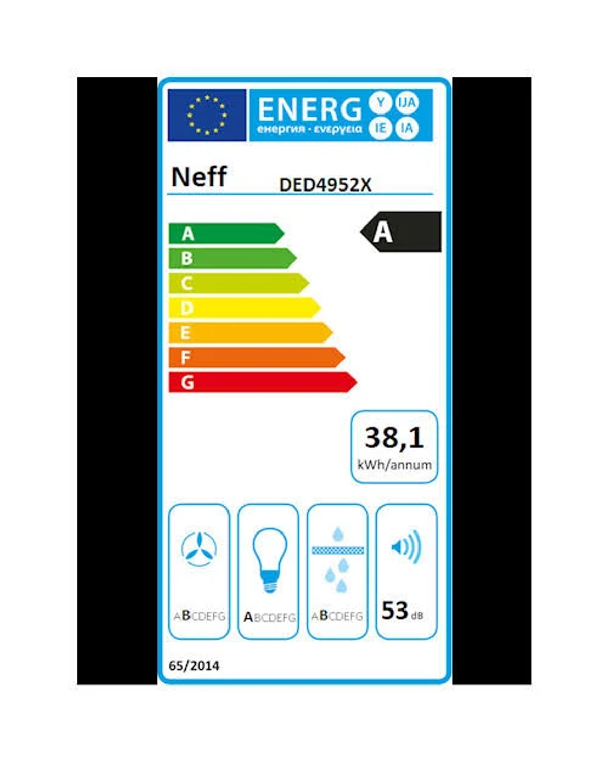 Neff Energielabel mit Bewertungen und Symbolen für eine Dunstabzugshaube. Schwarzer Hintergrund.