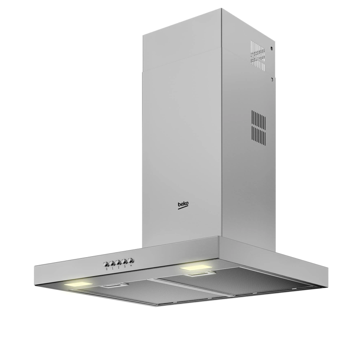 Een roestvrijstalen Beko afzuigkap met lampen en bedieningsknoppen. Het staat op een witte achtergrond.