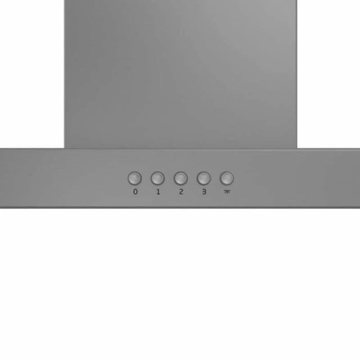 Een close-up van het bedieningspaneel van een afzuigkap met vijf knoppen, genummerd van 0 tot 3 en een ventilator.