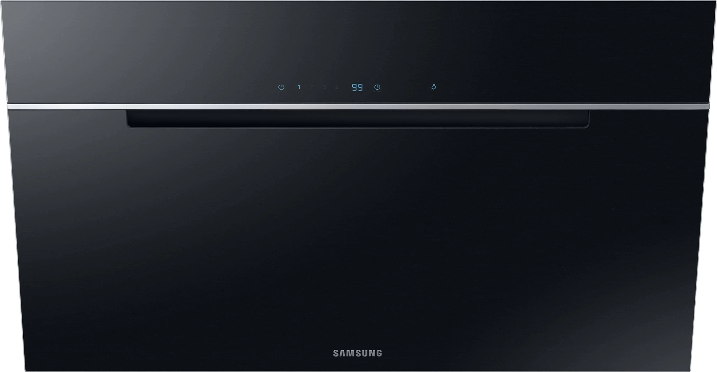 Siyah Samsung davlumbaz, minimalist tasarım, üstte kontrol paneli.