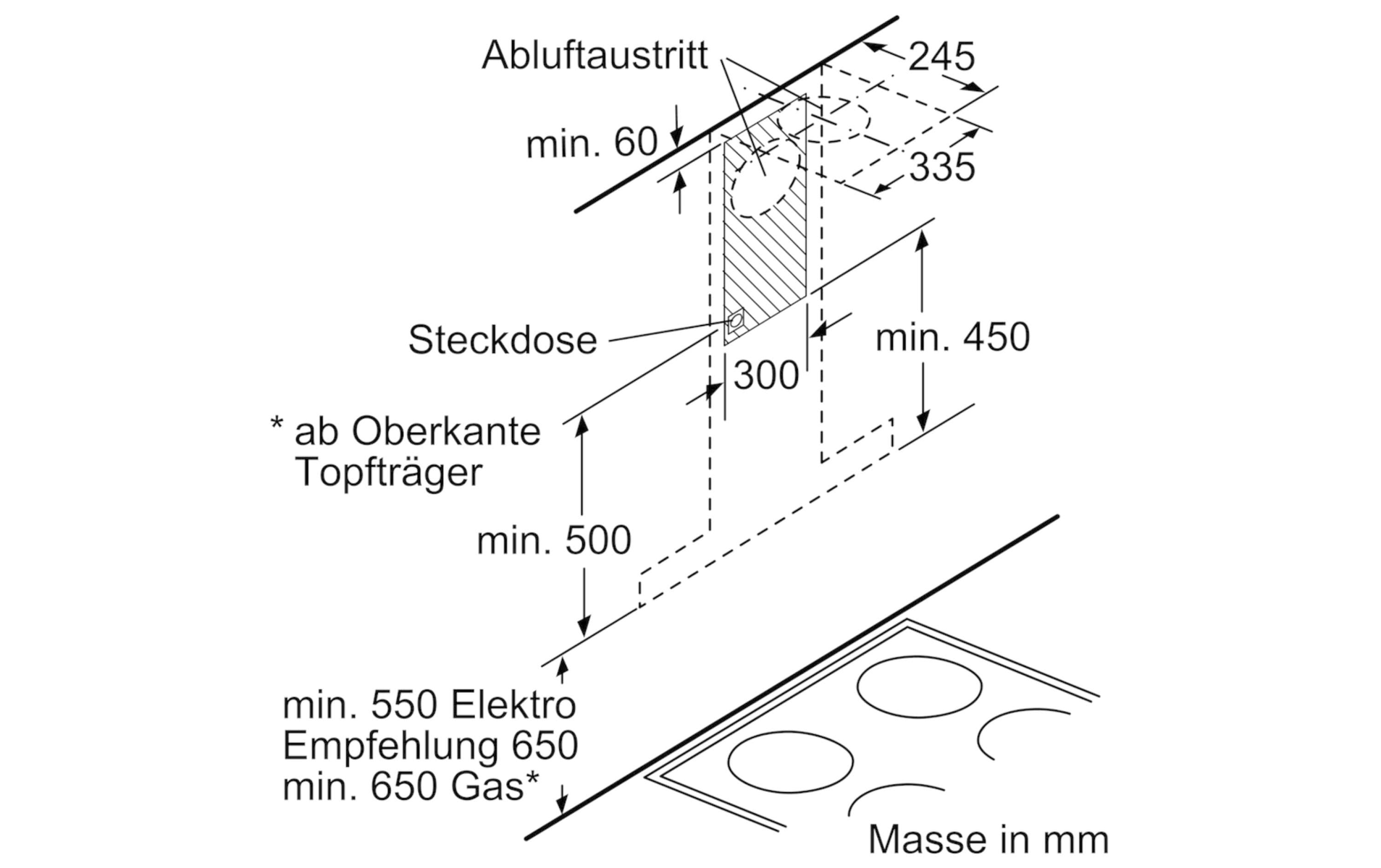 Schema di installazione cappa cucina con dimensioni ed etichette.