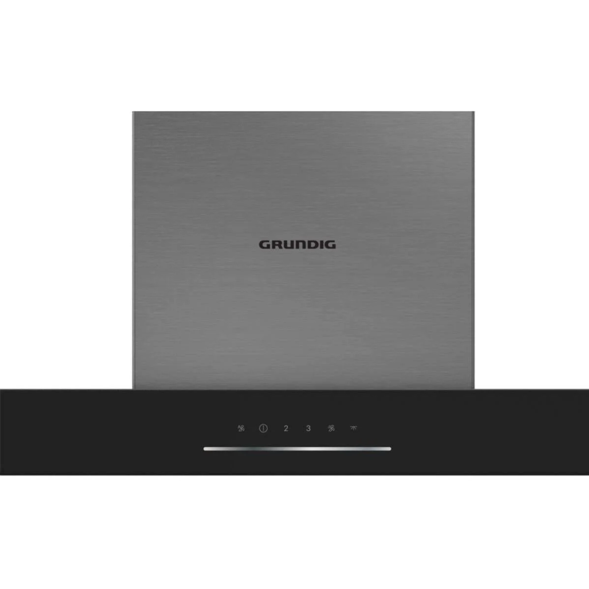 Campana extractora Grundig negra. Panel plateado en la parte superior. Botones de control abajo.