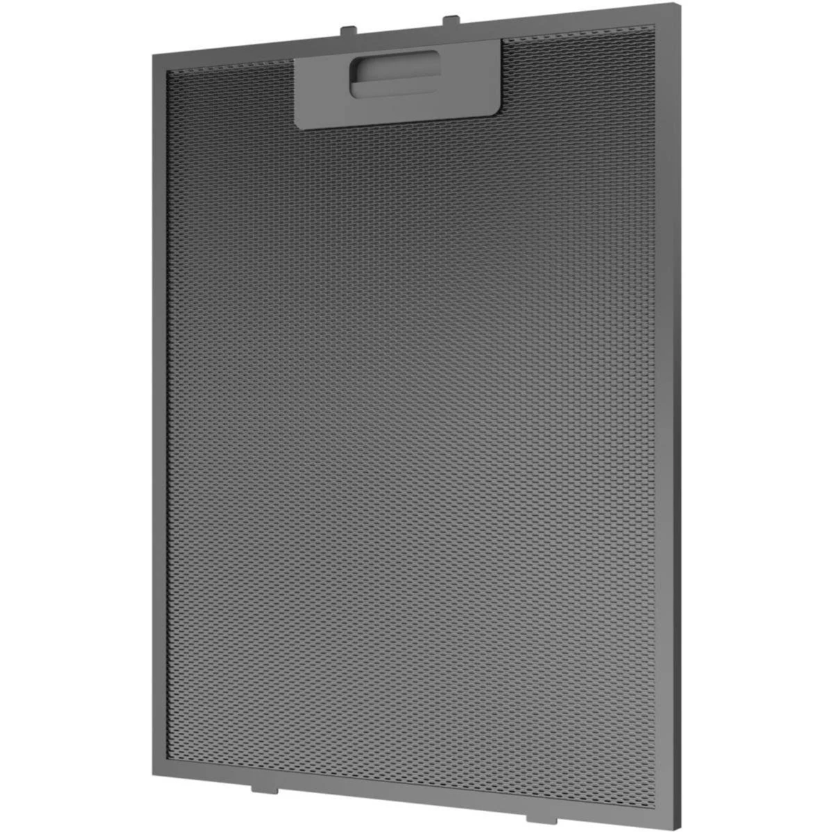 Un filtro rectangular gris perforado con asa, sobre fondo blanco, ligeramente inclinado.