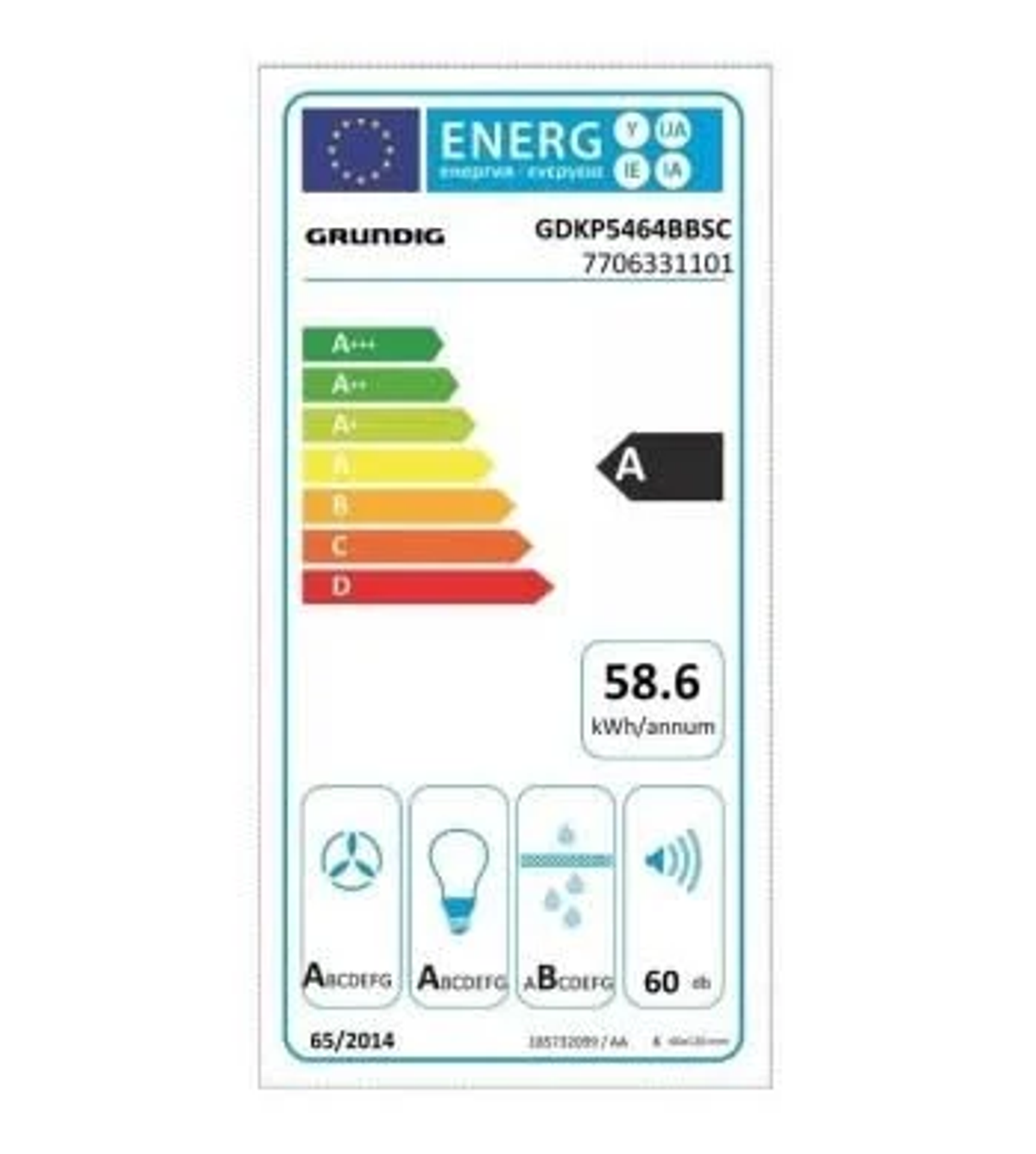 Etiqueta de eficiencia energética para un electrodoméstico Grundig. Fondo blanco.