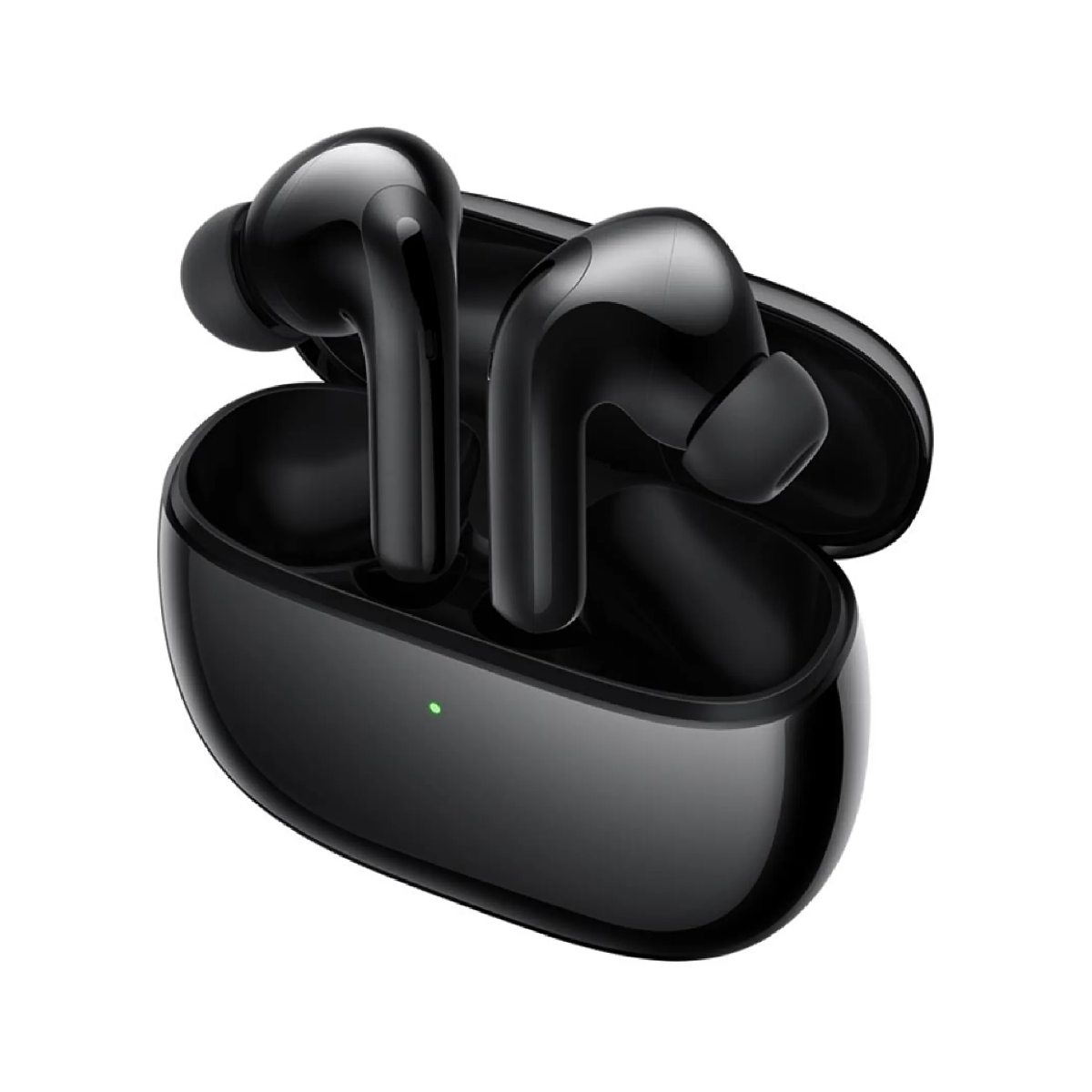 Auricolari wireless neri sono nella loro custodia di ricarica, mostrando una luce verde.