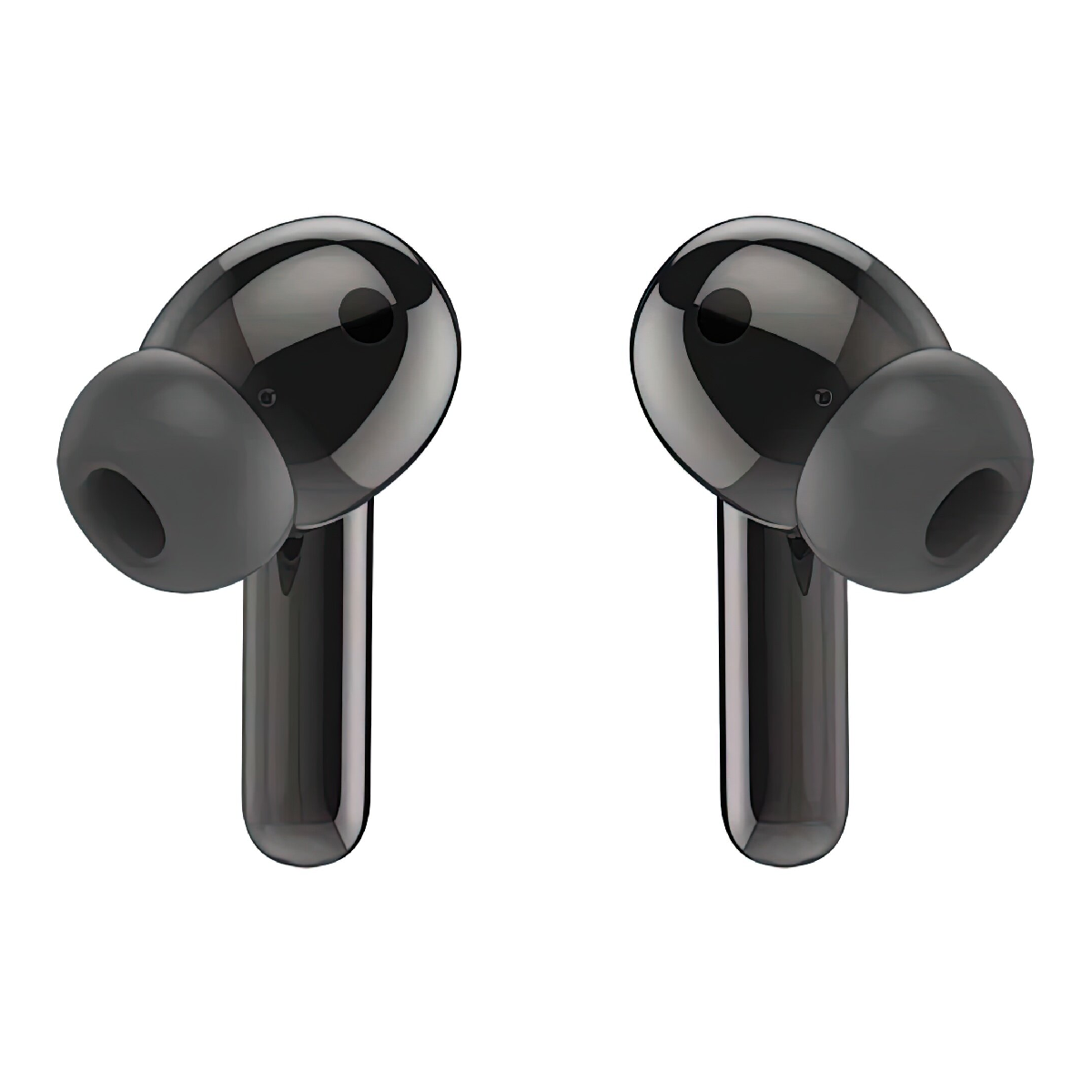 Auricolari neri, primo piano. Due auricolari, design elegante, sfondo bianco.