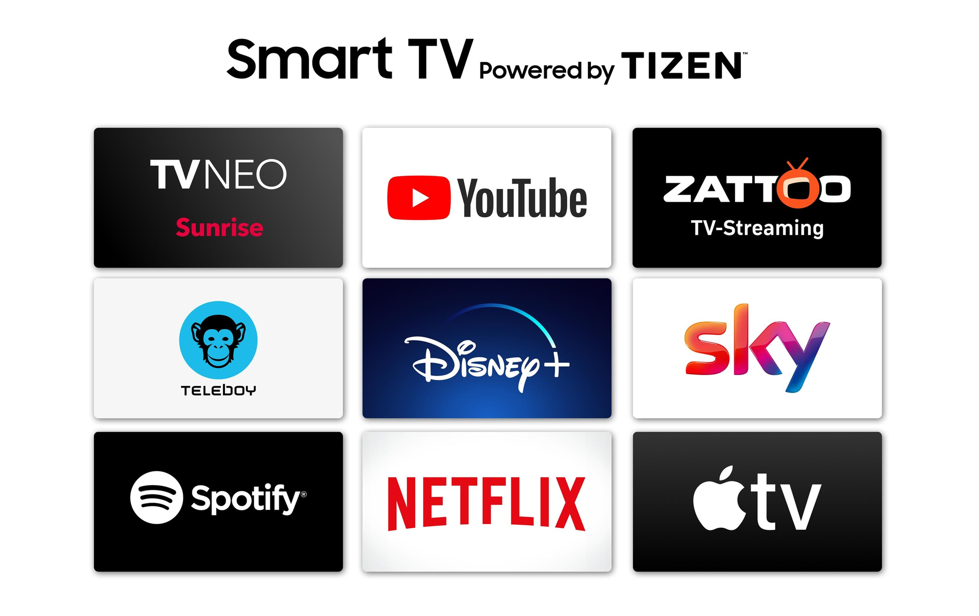 Ekran Smart TV z ikonami aplikacji: YouTube, Netflix, Spotify itp. Białe tło.