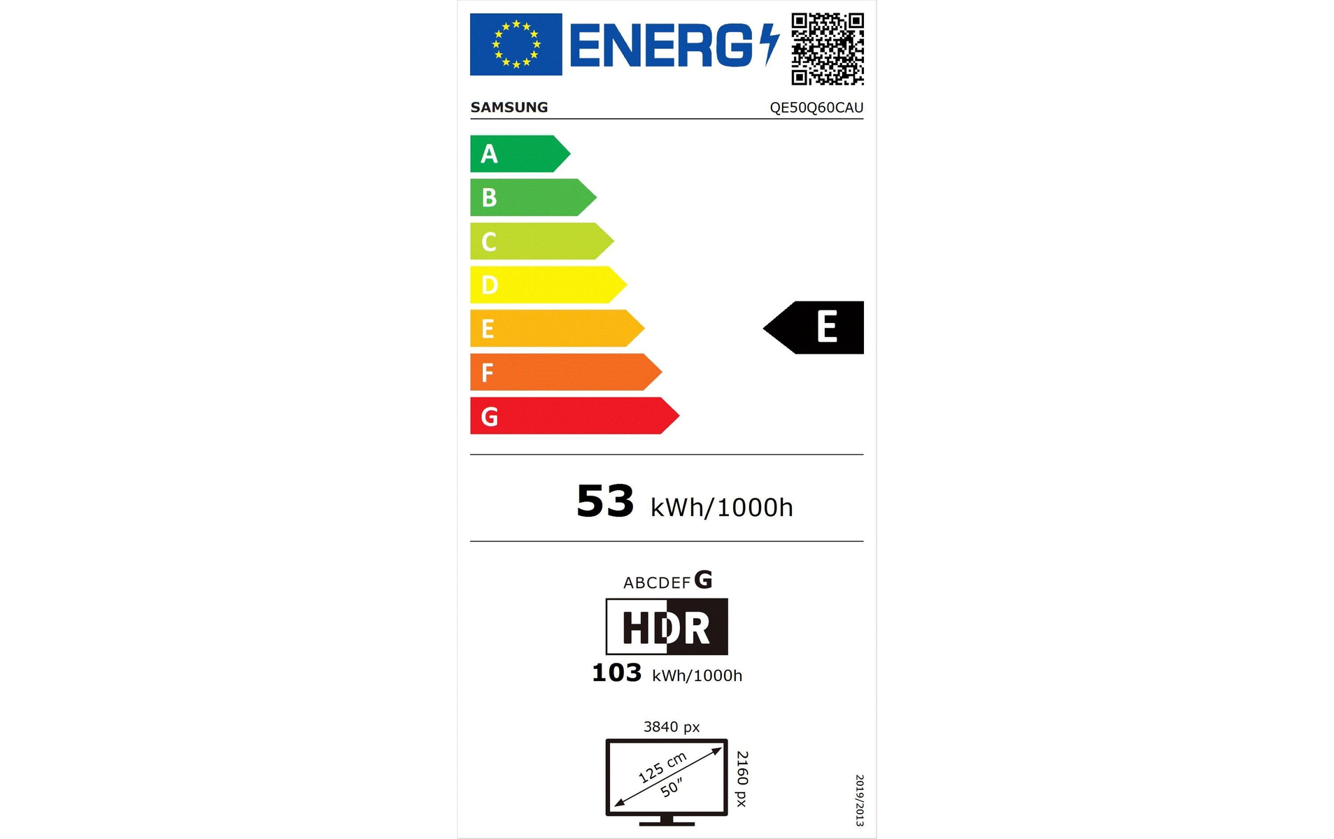 Etykieta energetyczna dla telewizora Samsung. Pokazuje klasy efektywności energetycznej i szczegóły dotyczące zużycia.