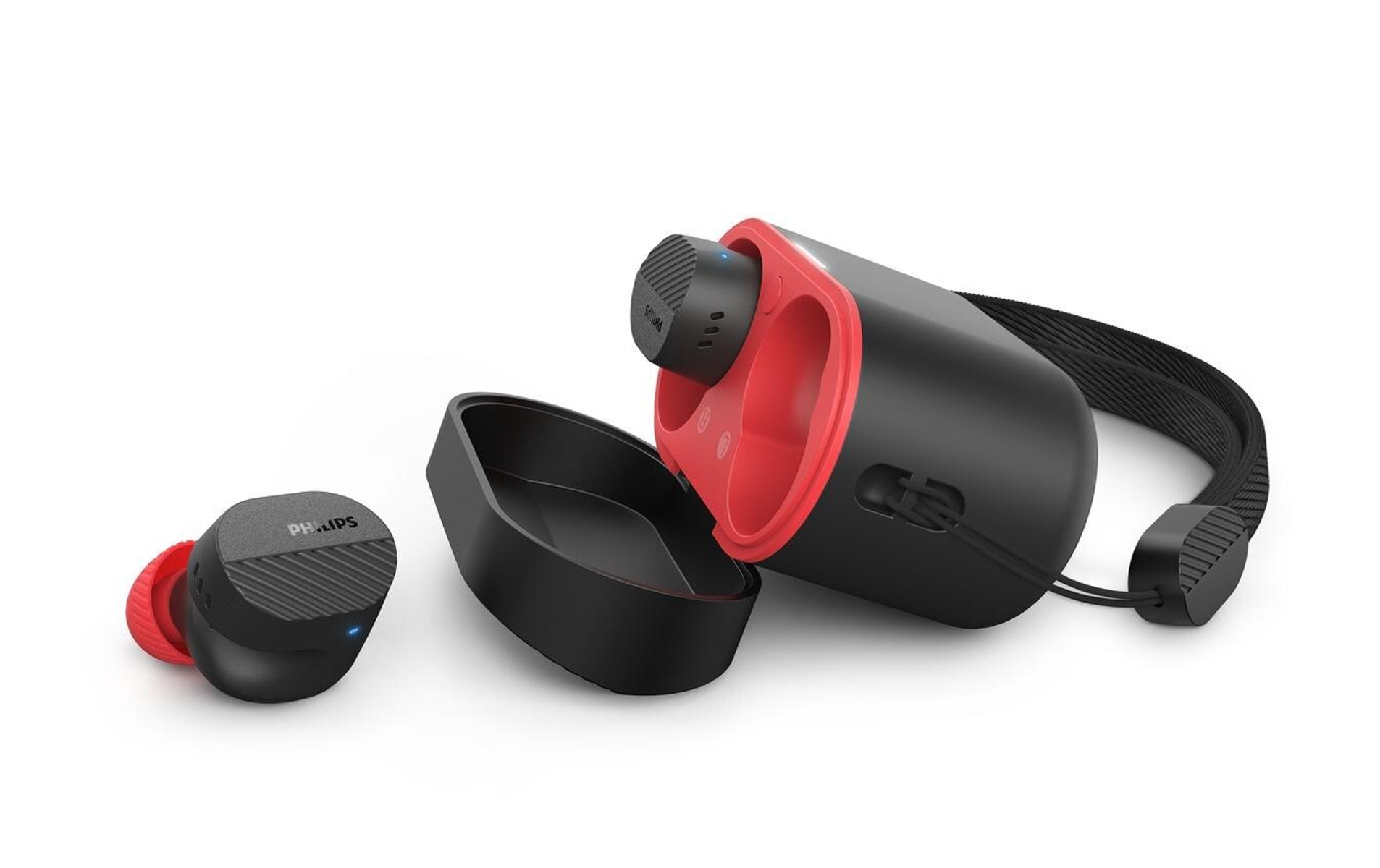Schwarze und rote kabellose Philips-Ohrhörer mit einer Ladebox.