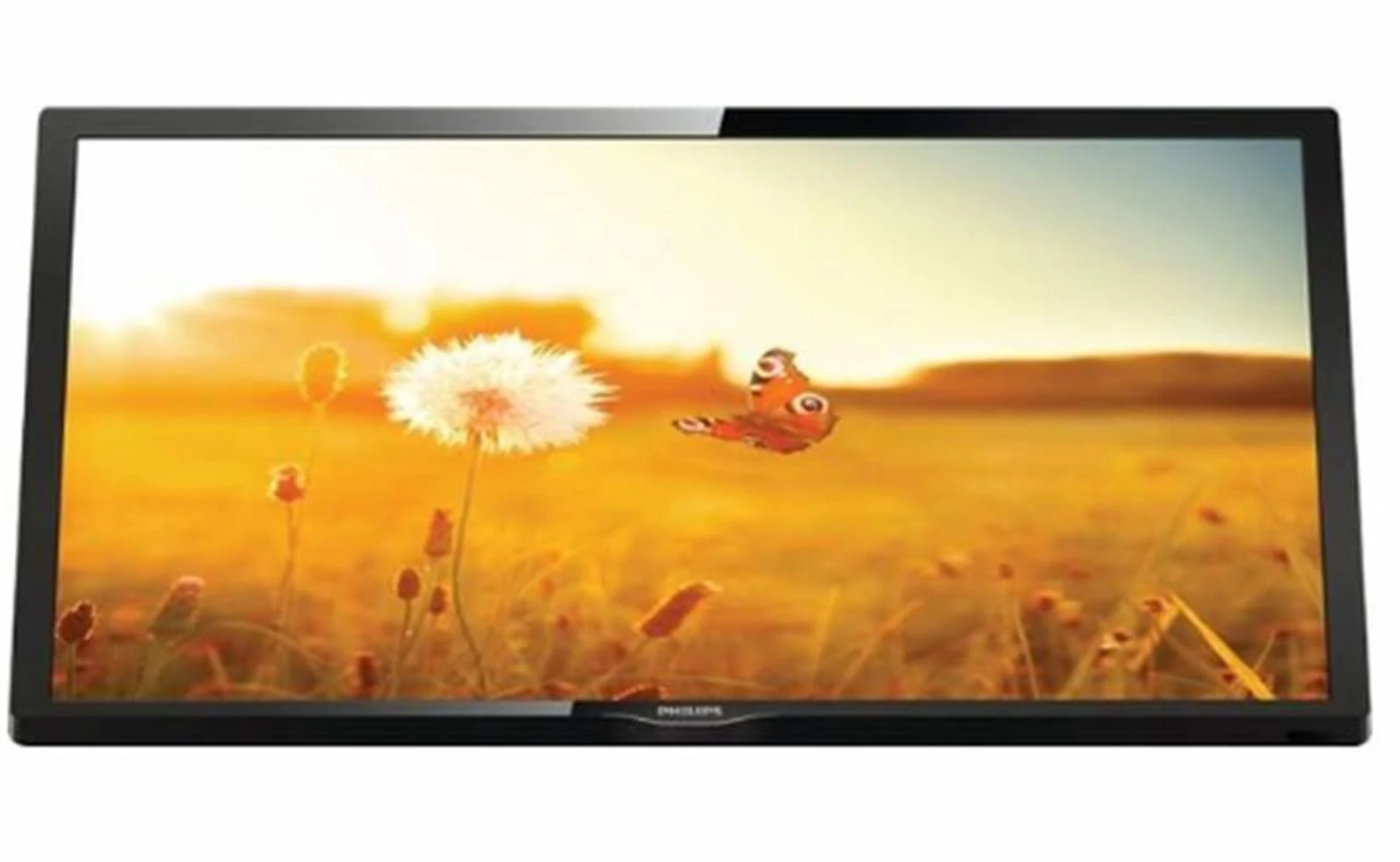 TV schermo piatto che mostra tramonto su campo con farfalla e fiori.