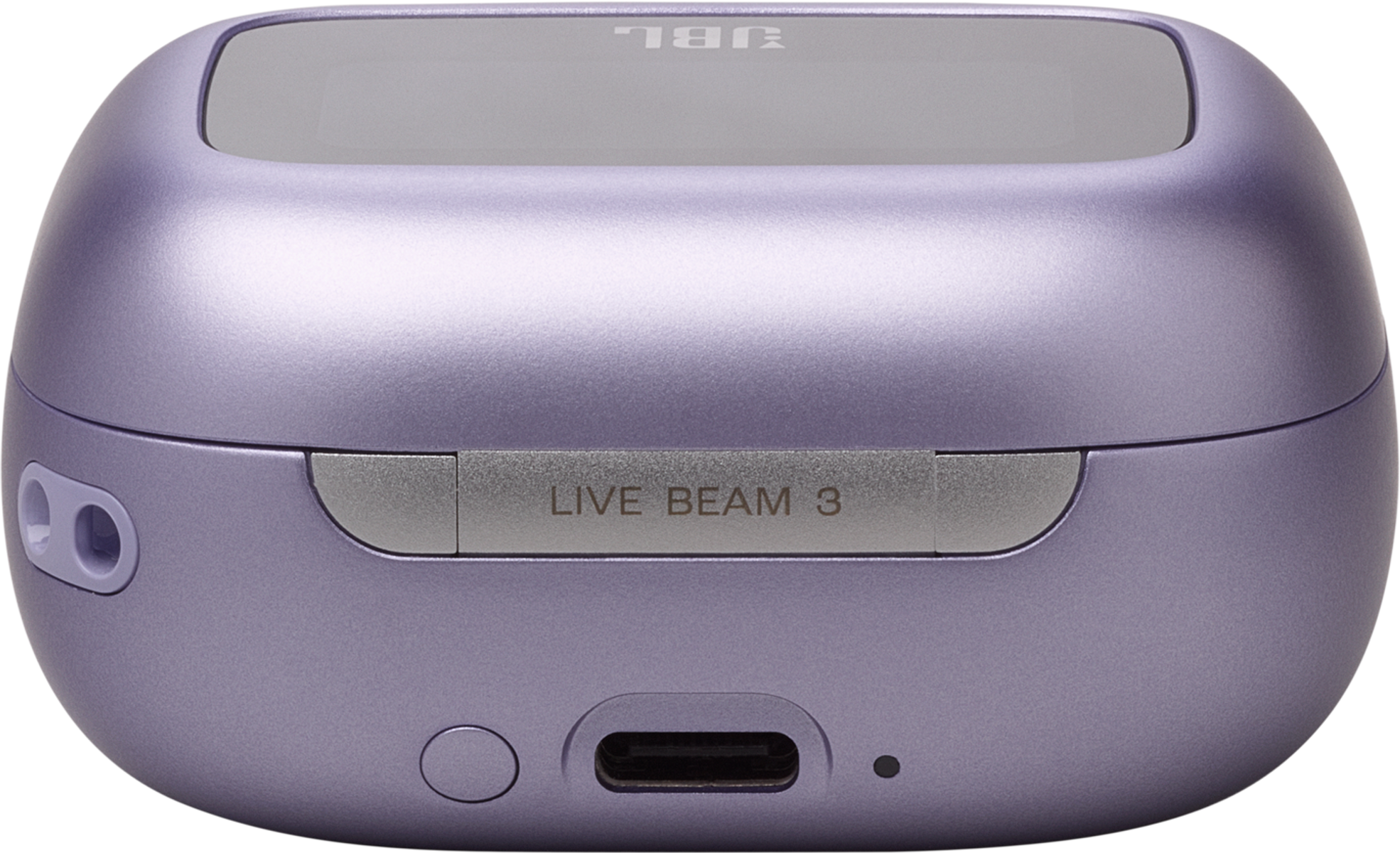 Custodia di ricarica per auricolari JBL Live Beam 3 viola. Design arrotondato, porta USB-C.
