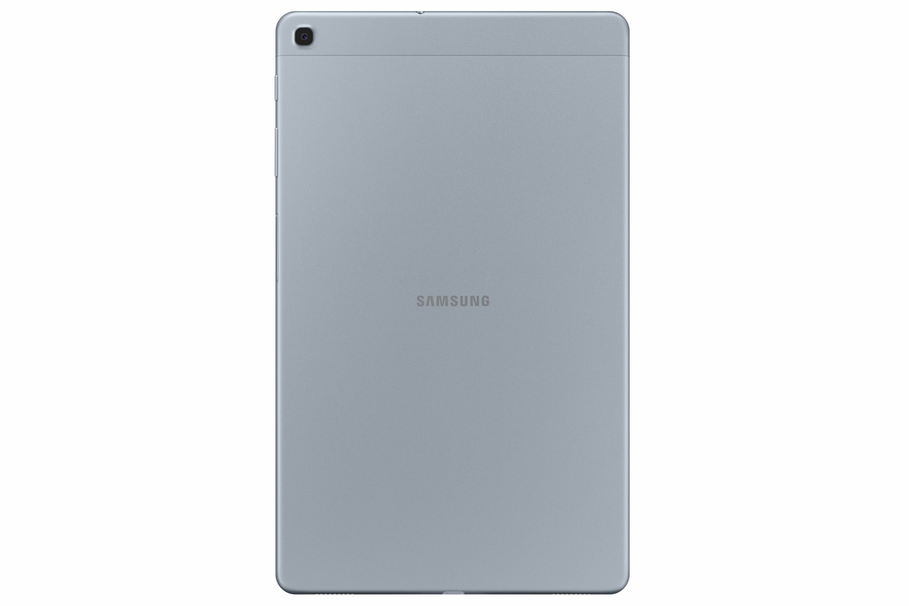 Rückseite eines hellblauen Samsung Tablets, mit Samsung Logo und Kamera.