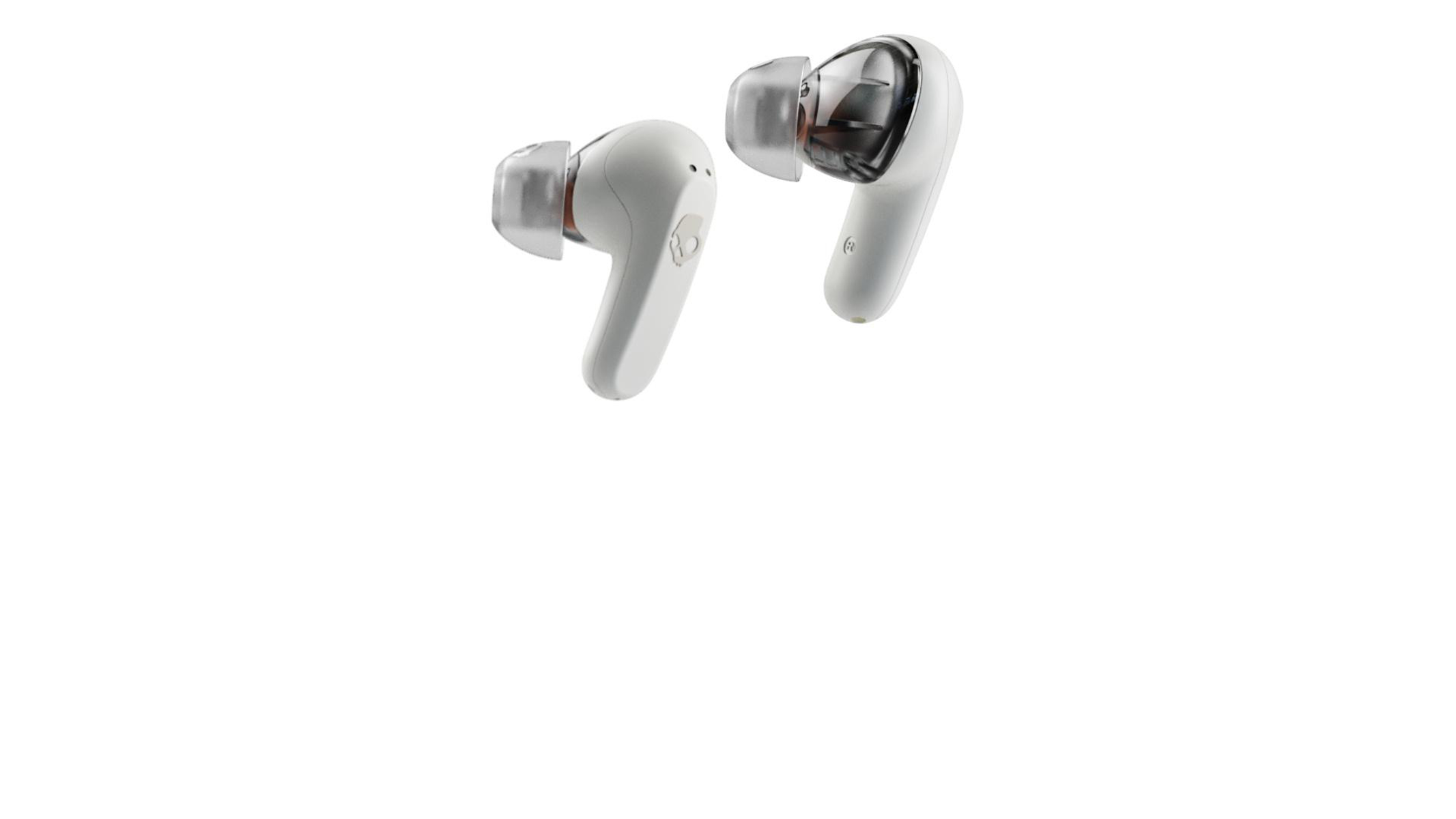 Dwa białe bezprzewodowe słuchawki douszne. Jeden pokazuje część głośnikową. Białe tło, z lekkim cieniem pod spodem.