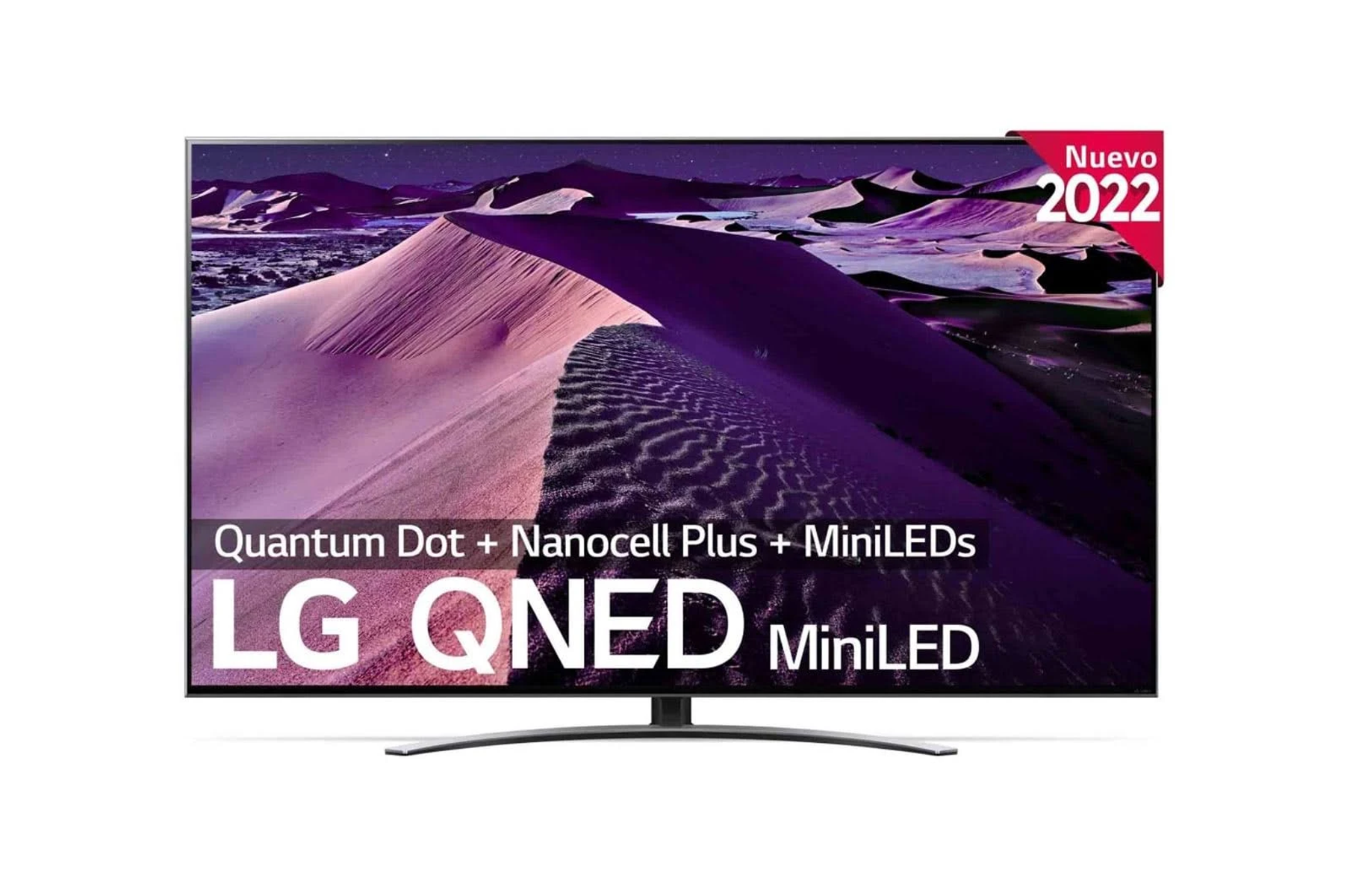 TV LG QNED MiniLED, con texto 'Nuevo 2022' y las palabras 'Quantum Dot + MiniLEDs'.