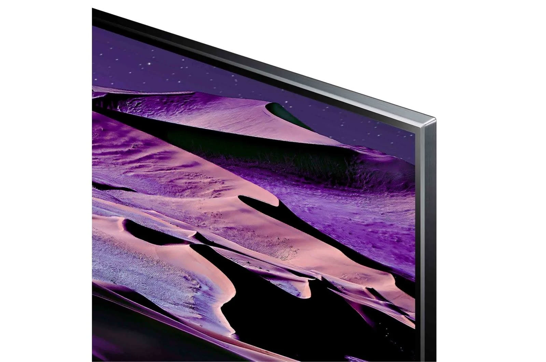 Un primer plano de una pantalla de TV con un paisaje púrpura.