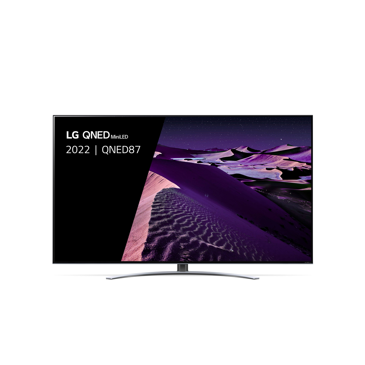 TV LG QNED MiniLED mostrando un paisaje morado y blanco. Bisel negro.