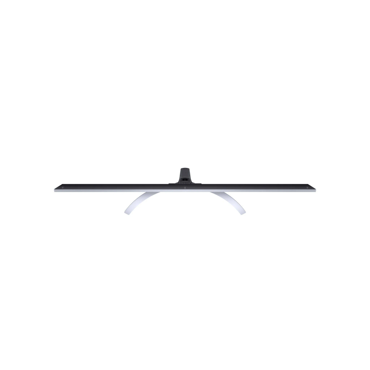 Vista superior de un televisor negro grande con soporte blanco curvo, sobre un fondo blanco brillante.