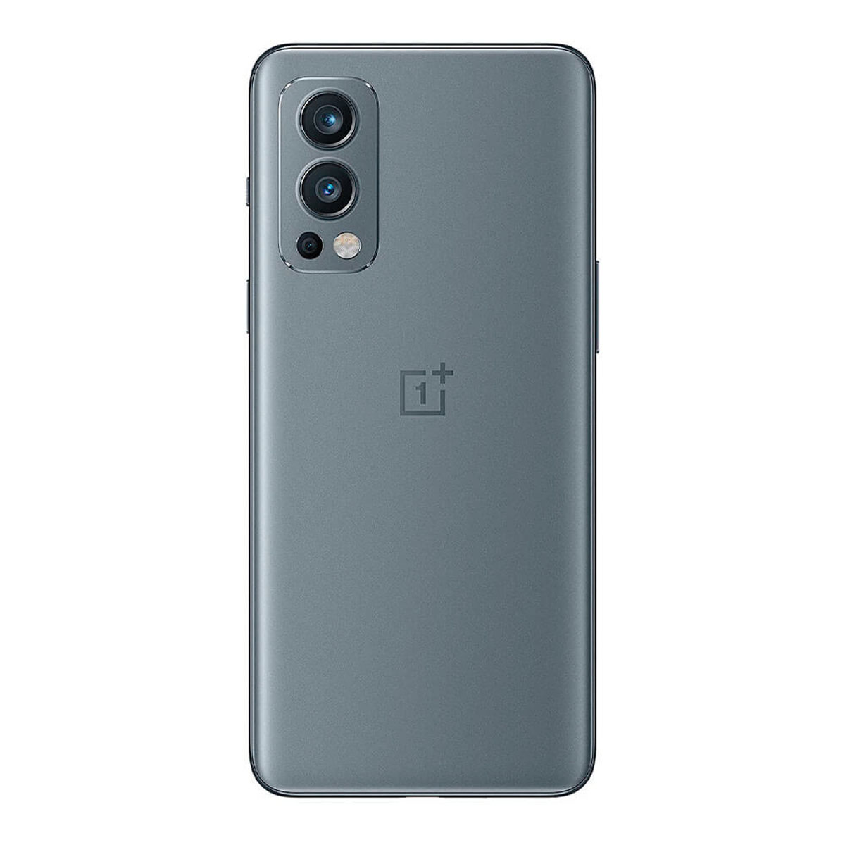 Dos de smartphone gris avec triple caméra et logo carré.