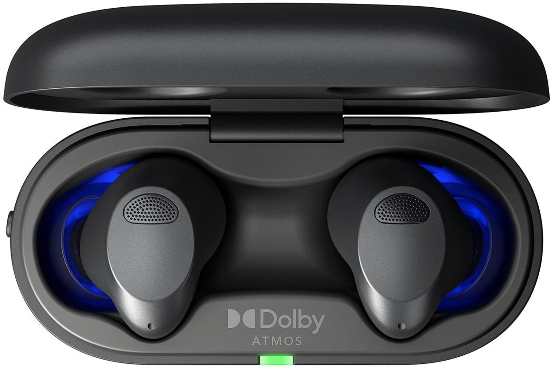 Auriculares negros en estuche de carga. Logotipo Dolby Atmos y luz verde.