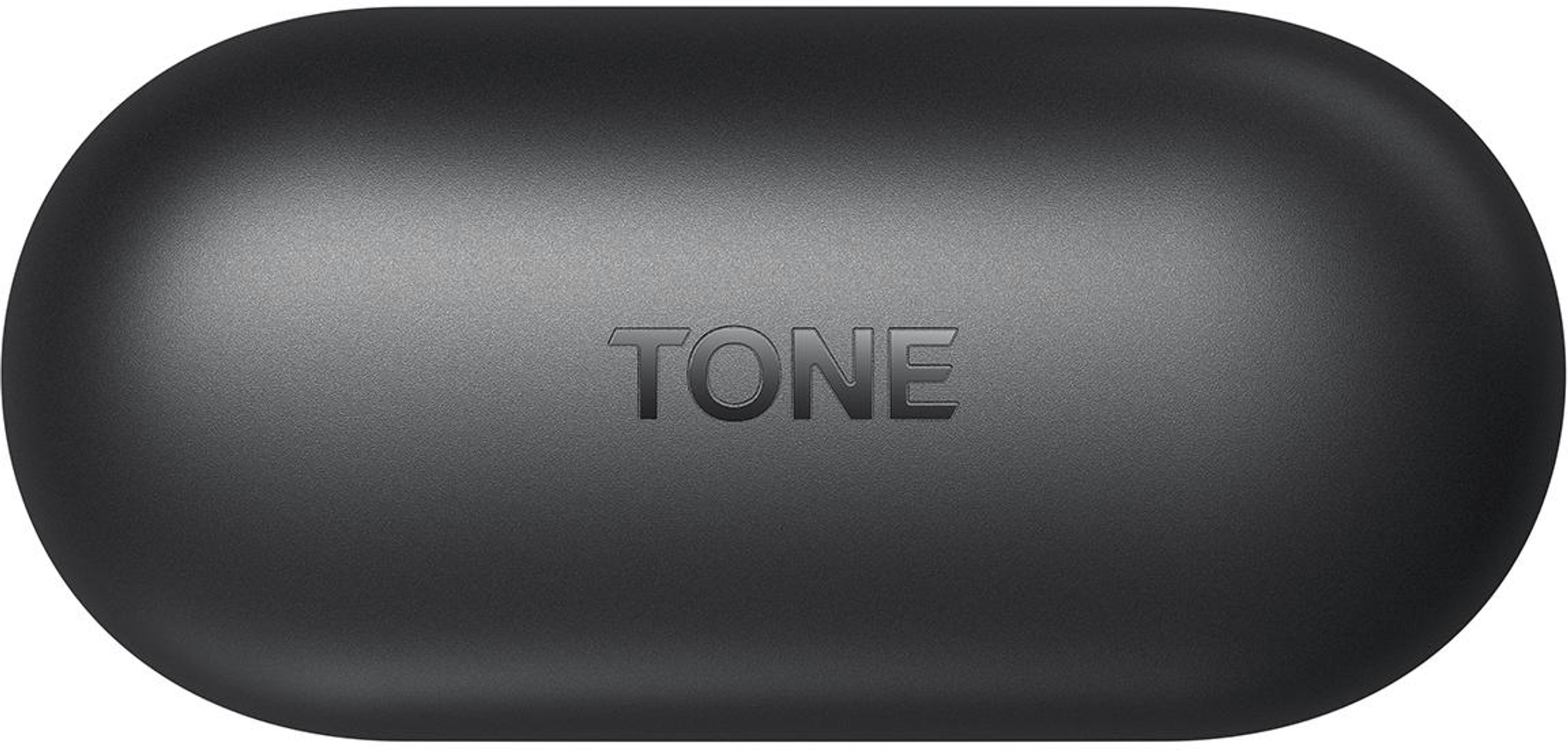 Estuche negro para auriculares inalámbricos LG Tone. La palabra "TONE" está grabada.