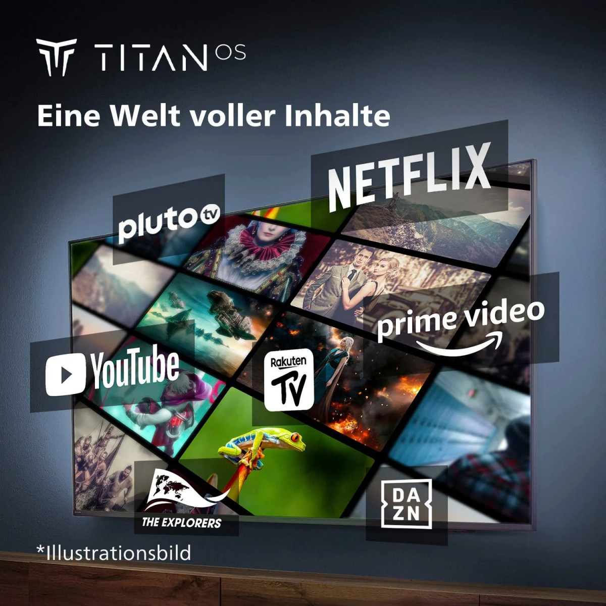 Ekran telewizora wyświetlający logo serwisów streamingowych, takich jak Netflix i YouTube.