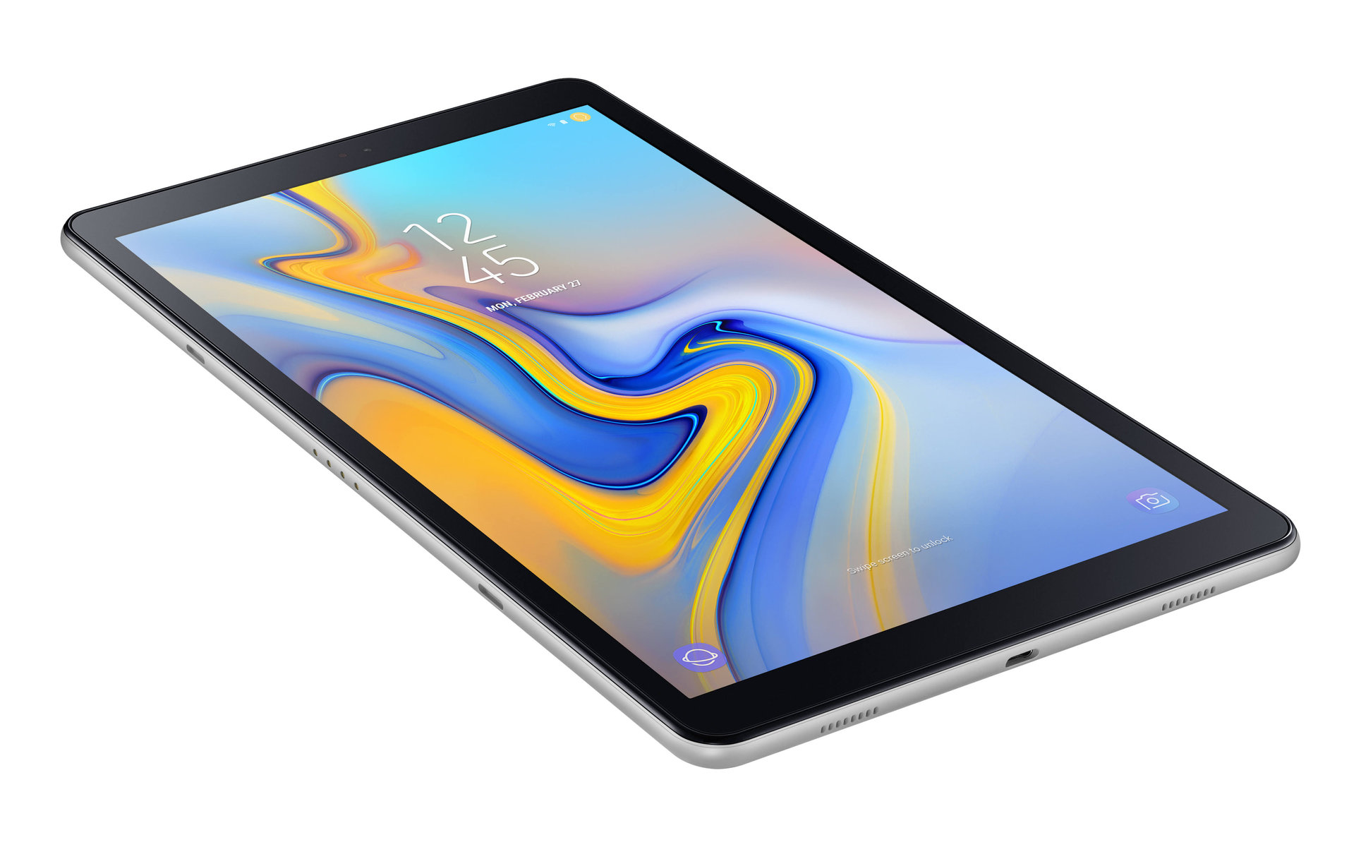Tablet pokazujący zegar, z ekranem dotykowym i srebrną ramką na białym tle.