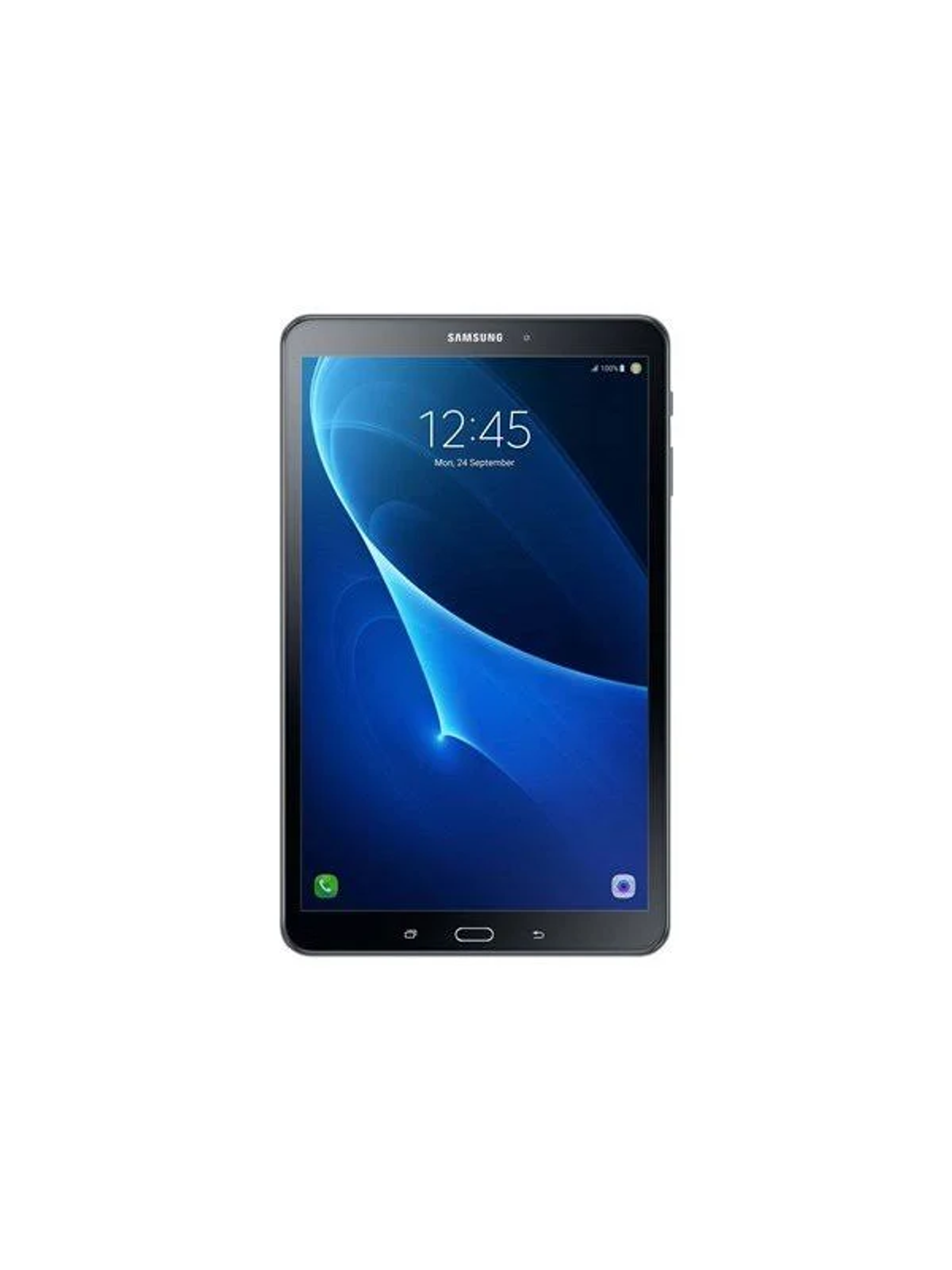 Czarny tablet z niebieskim ekranem wyświetlającym godzinę. Ekran ma białą obwódkę.