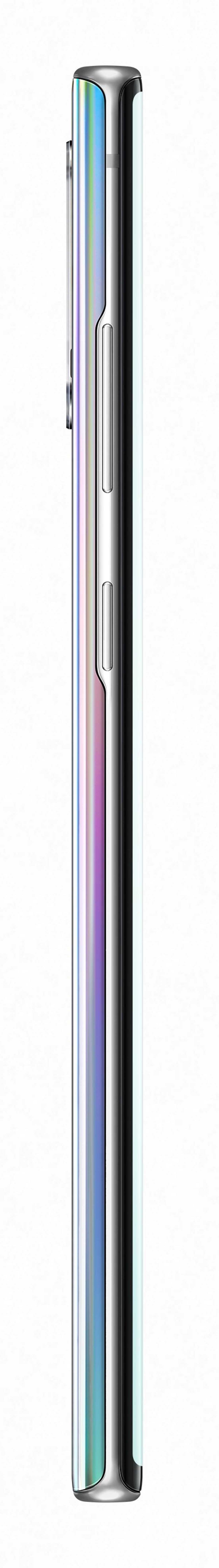 Seitenansicht eines schlanken, silbernen Smartphones. Merkmale umfassen eine Seitentaste und eine Kamera.